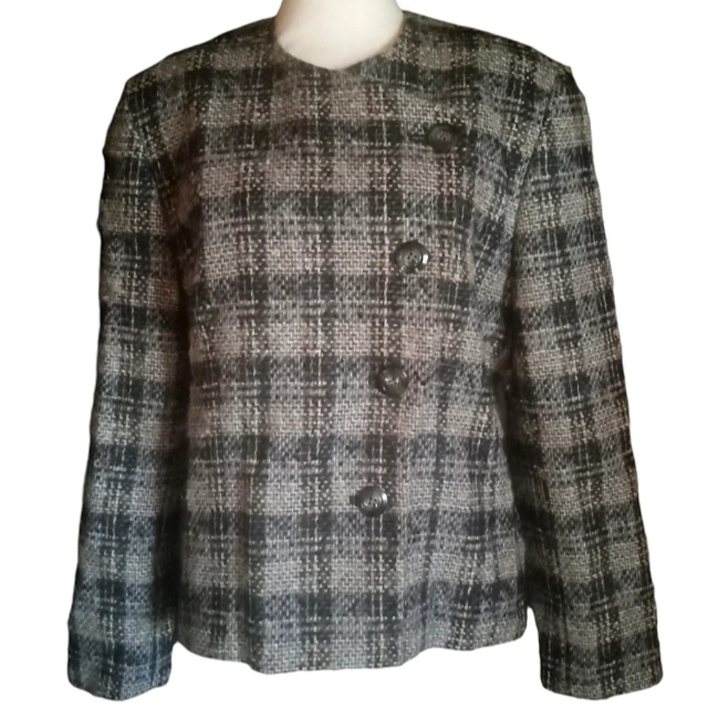 Pendleton Black Gray Buffalo Check Button Front 100% Virgin Wool Coat Size 12